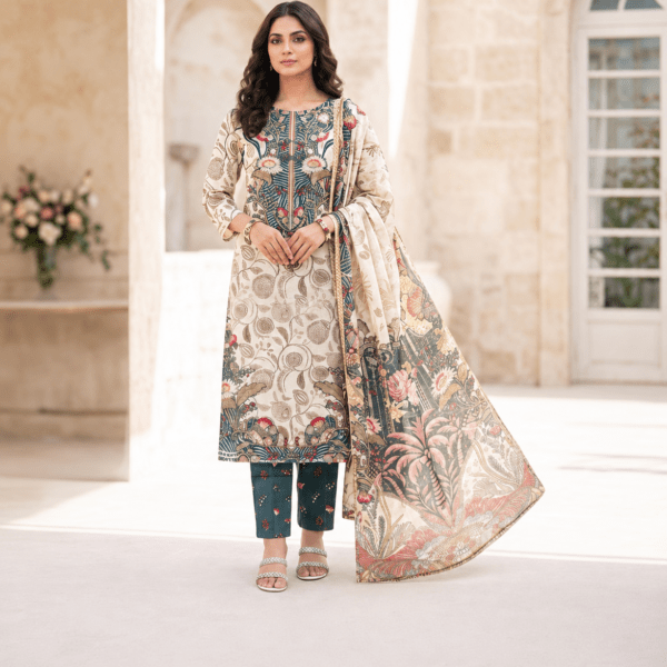 Afeen Noor – Premium Digital Printed Cotton Three-Piece "Beige Cream"