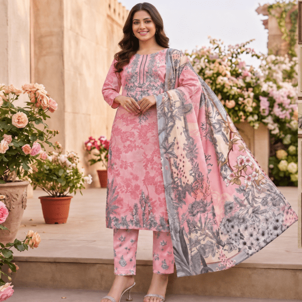Afeen Noor – Premium Digital Printed Cotton Three-Piece "Baby Pink"