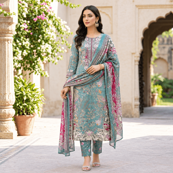 Afeen Noor – Premium Digital Printed Cotton Three-Piece "Sea Green Pink"
