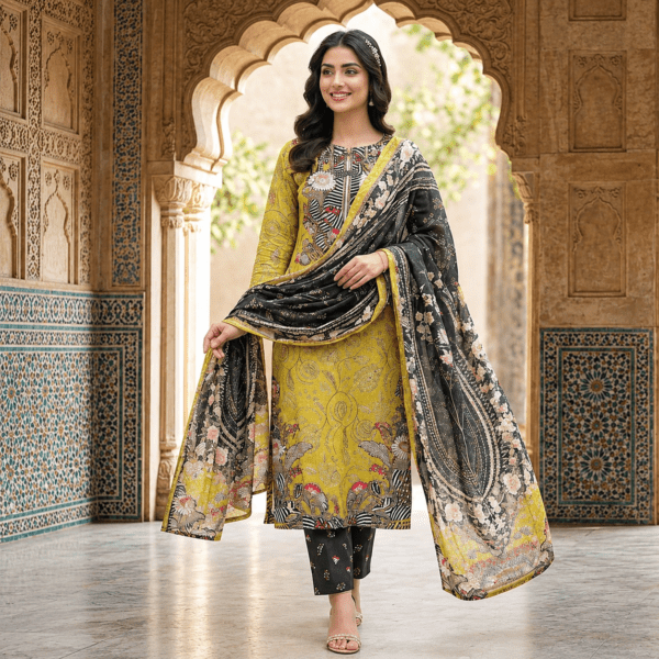 Afeen Noor – Premium Digital Printed Cotton Three-Piece "Mustard Black"