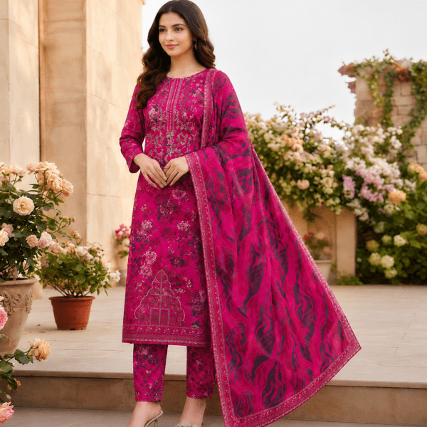 Afeen Noor – Premium Digital Printed Cotton Three-Piece "Magenta Pink & Deep Pink"